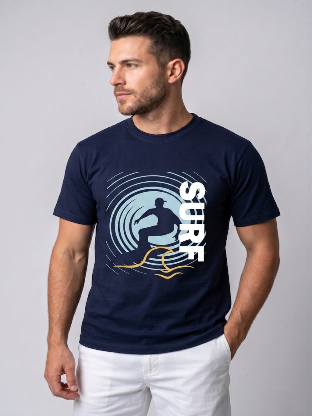 Attire Hub Mens Pure Cotton Navy Surf Printed Round T-Shirt