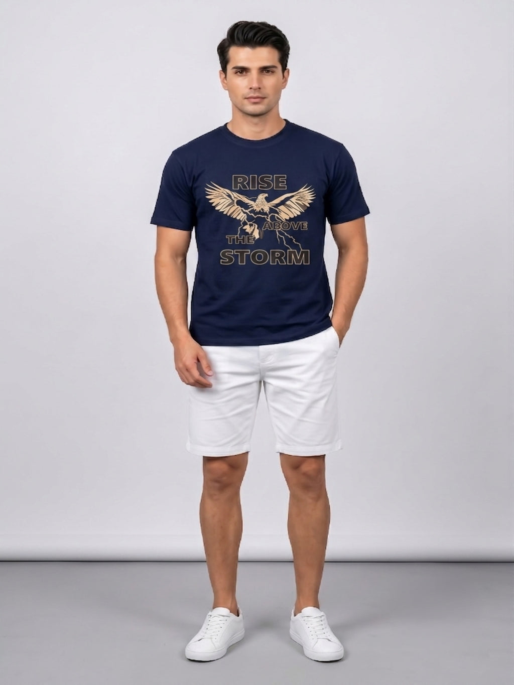 Attire Hub Mens Pure Cotton Navy Rise Storm Printed Round T-Shirt