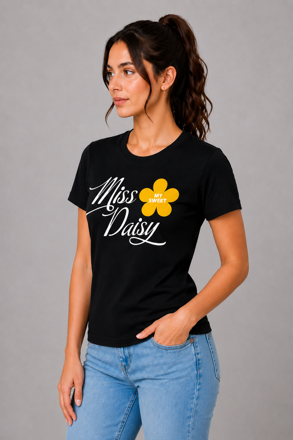 Attire Hub Womens Pure Cotton Black Miss Daisy Printed Round T-Shirt