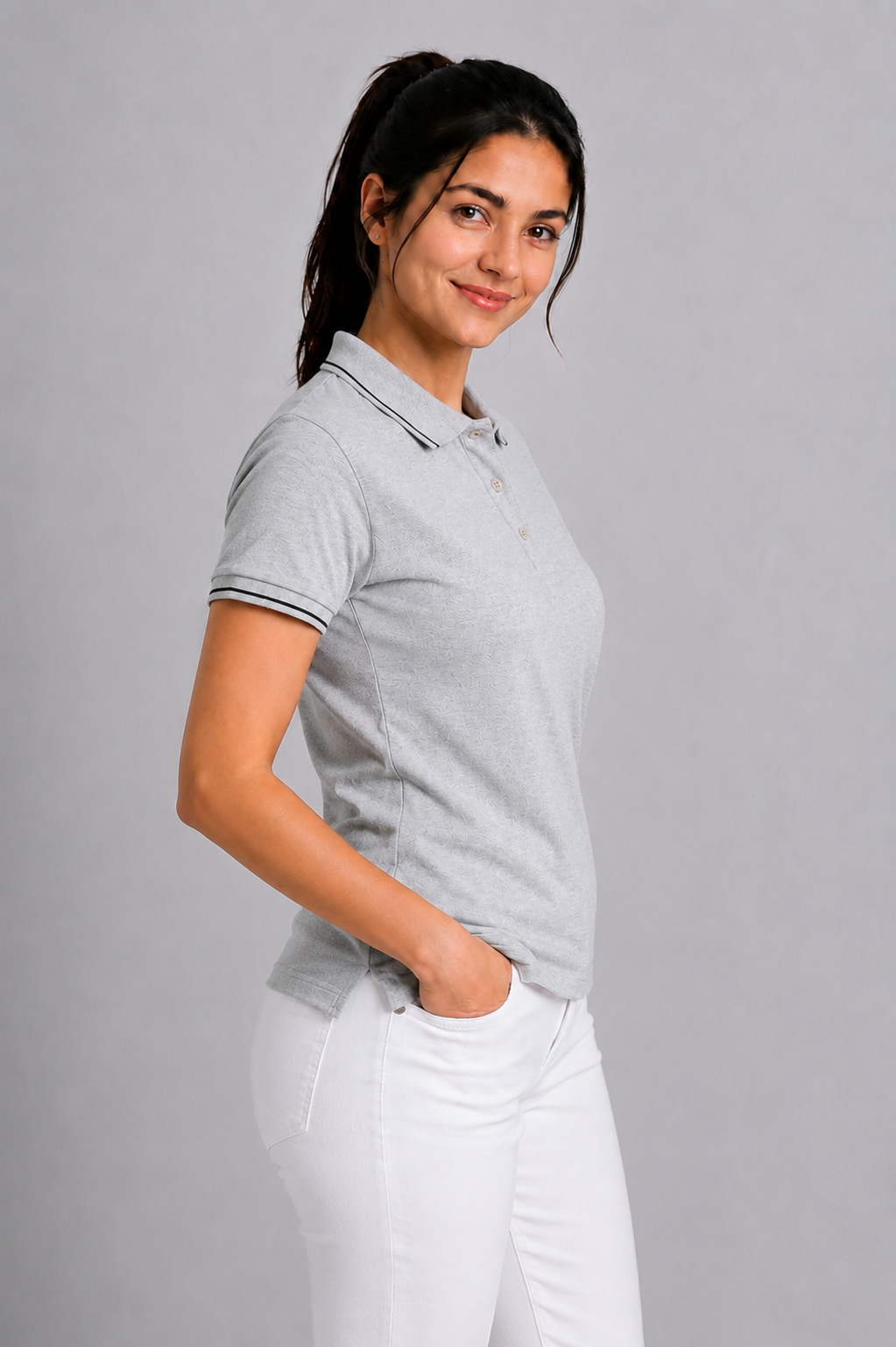 Attire Hub Womens Pure Cotton Grey (Black Tipping) Solid Polo T-Shirt