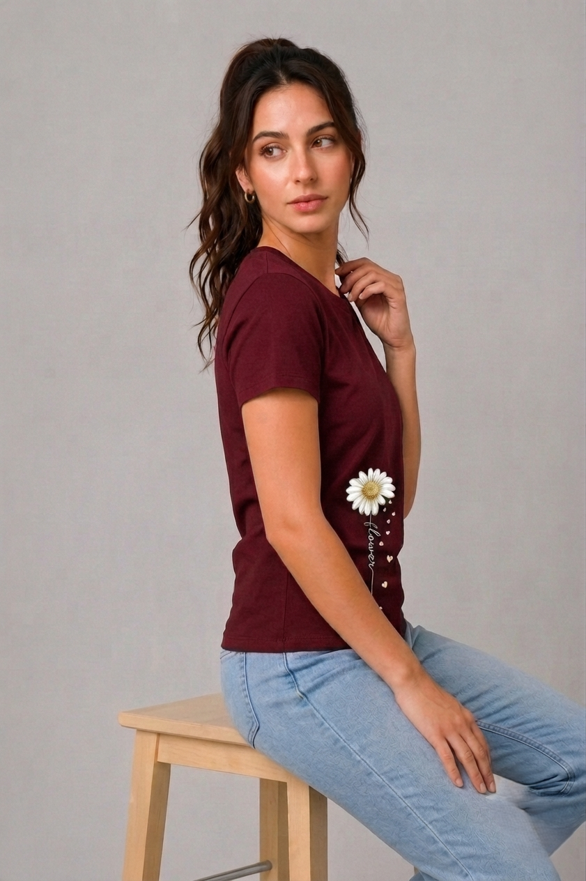 Attire Hub Womens Pure Cotton Maroon Long Daisy Printed Round T-Shirt
