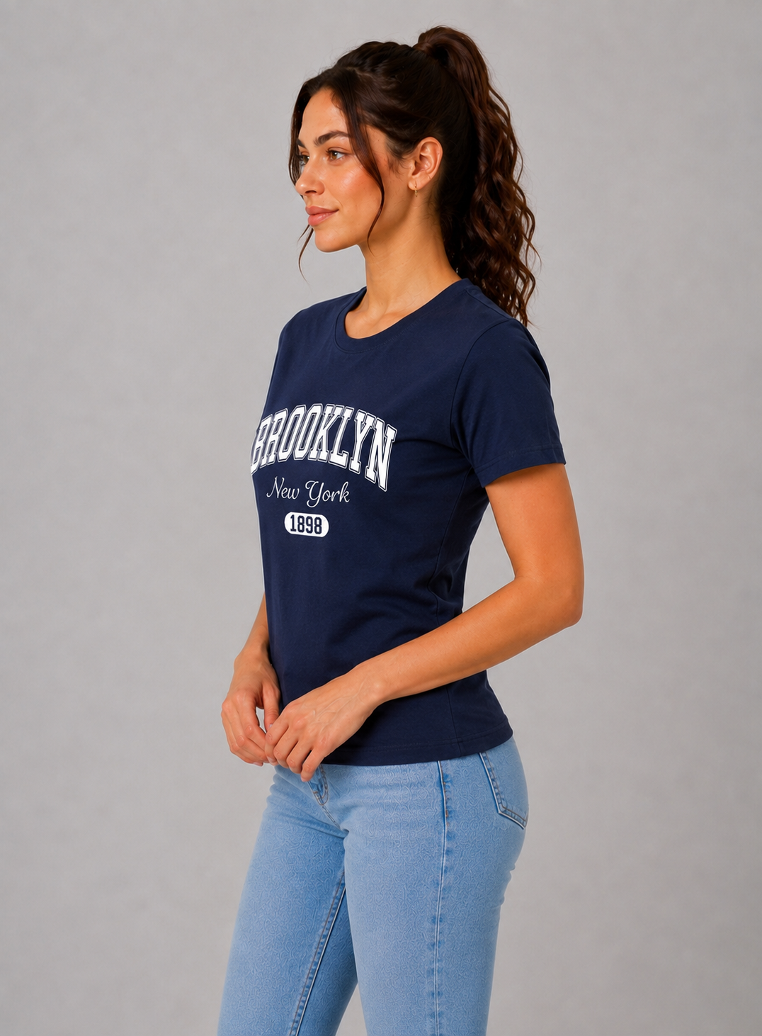 Attire Hub Womens Pure Cotton Navy Blue Brroklyn Printed Round T-Shirt