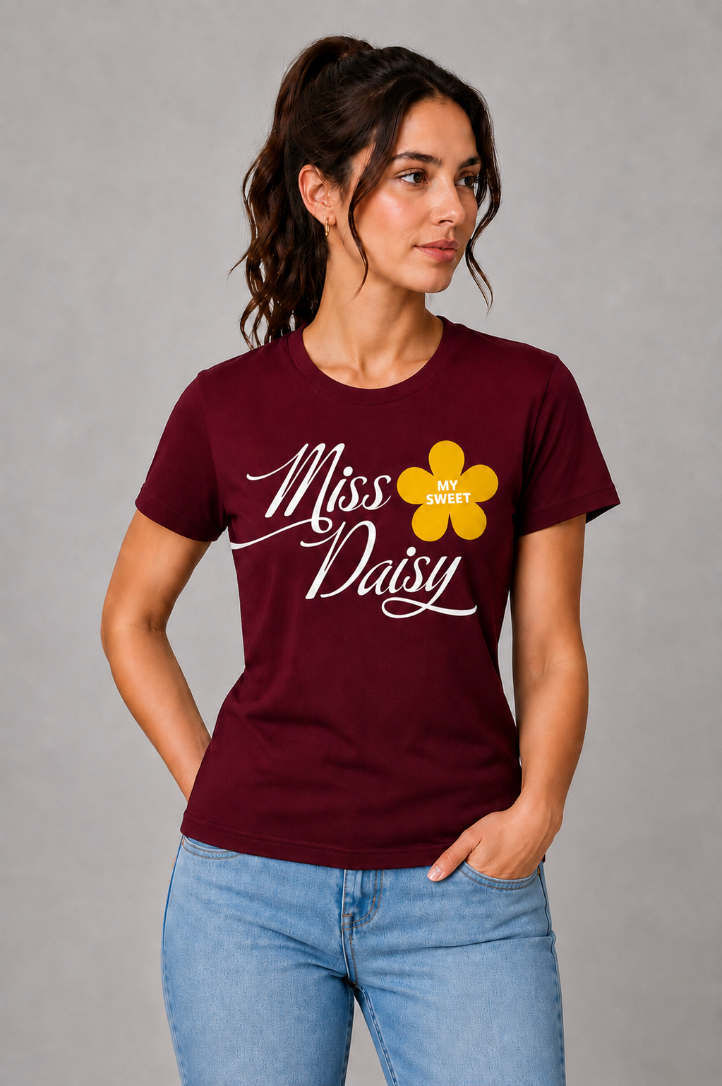 Attire Hub Womens Pure Cotton Maroon Miss Daisy Printed Round T-Shirt