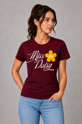Attire Hub Womens Pure Cotton Maroon Miss Daisy Printed Round T-Shirt