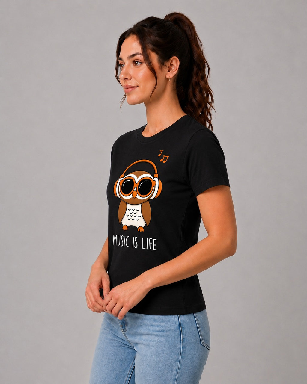 Attire Hub Womens Pure Cotton Black Owl Printed Round T-Shirt