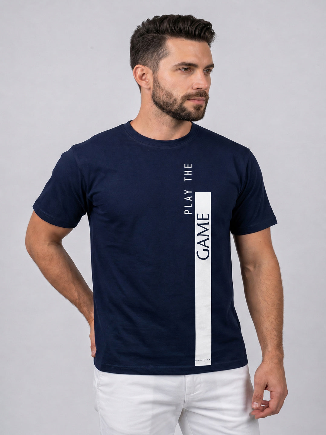 Attire Hub Mens Pure Cotton Navy Play The Game Printed Round T-Shirt