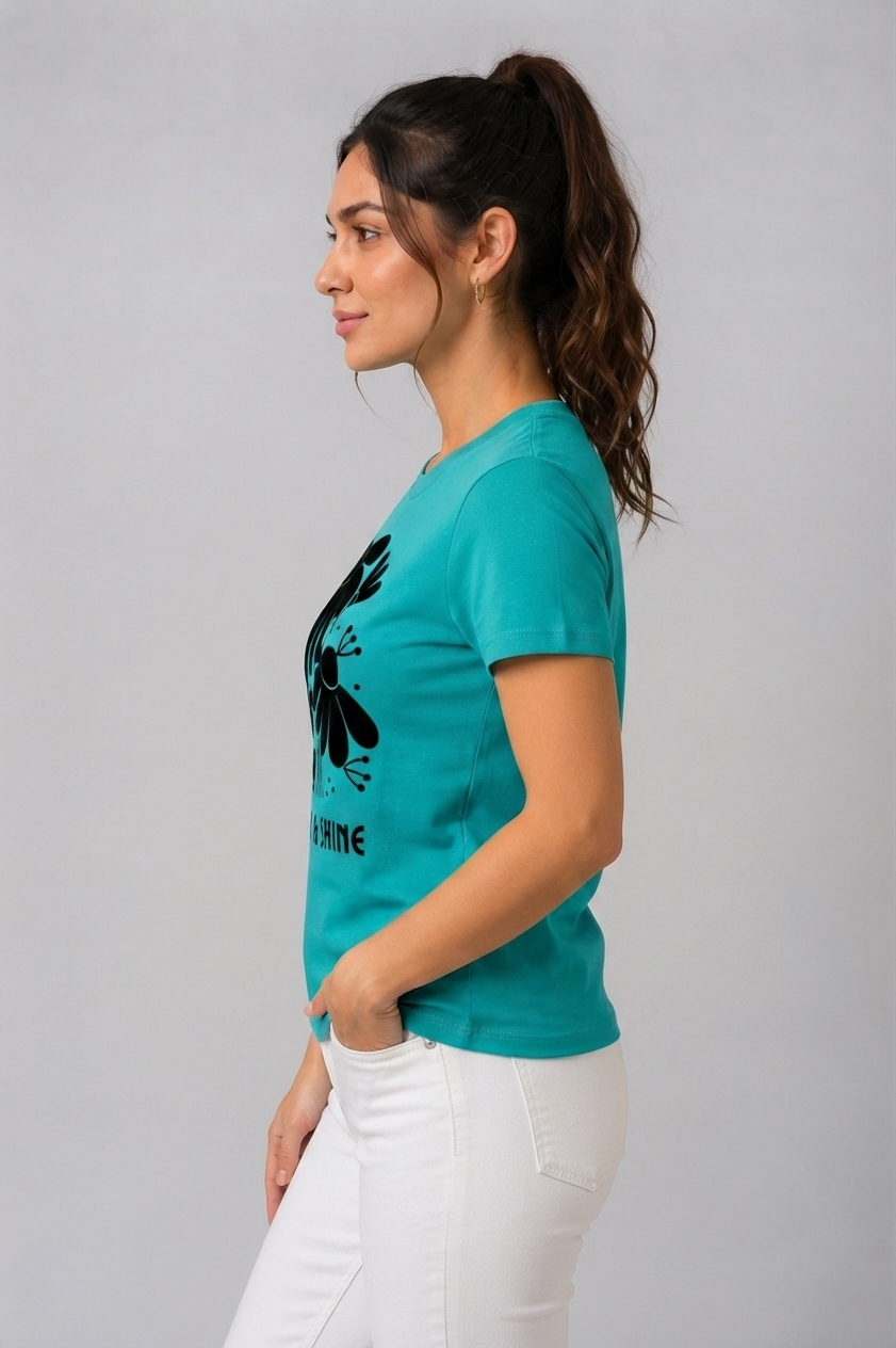 Attire Hub Womens Pure Cotton Teal Bloom and Shine Printed Round T-Shirt