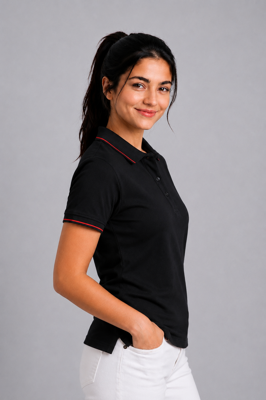 Attire Hub Womens Pure Cotton Black (Red Tipping) Solid Polo T-Shirt