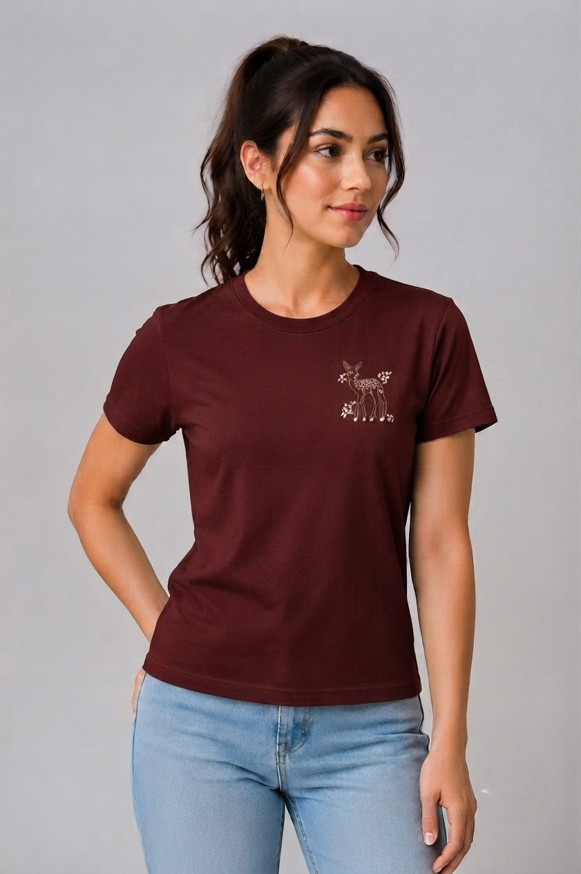 Attire Hub Womens Pure Cotton Maroon Deer Printed Round T-Shirt