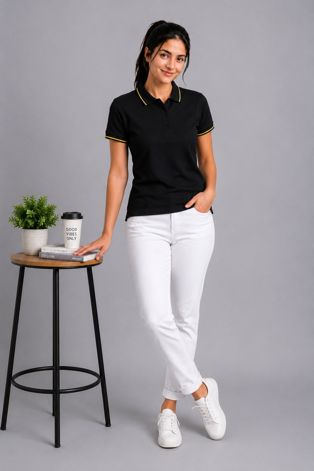 Attire Hub Womens Pure Cotton Black (Yellow Tipping) Solid Polo T-Shirt