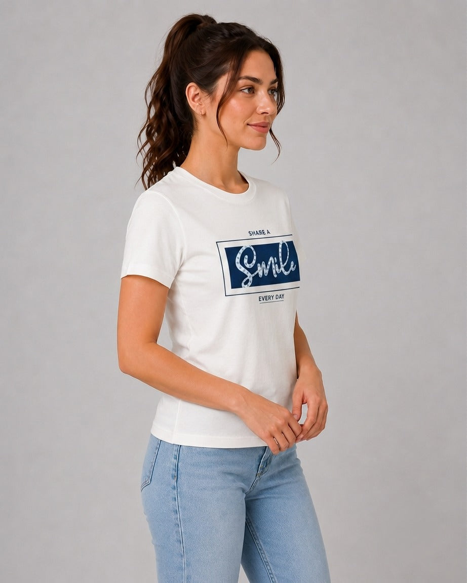 Attire Hub Womens Pure Cotton White Smile Printed Round T-Shirt