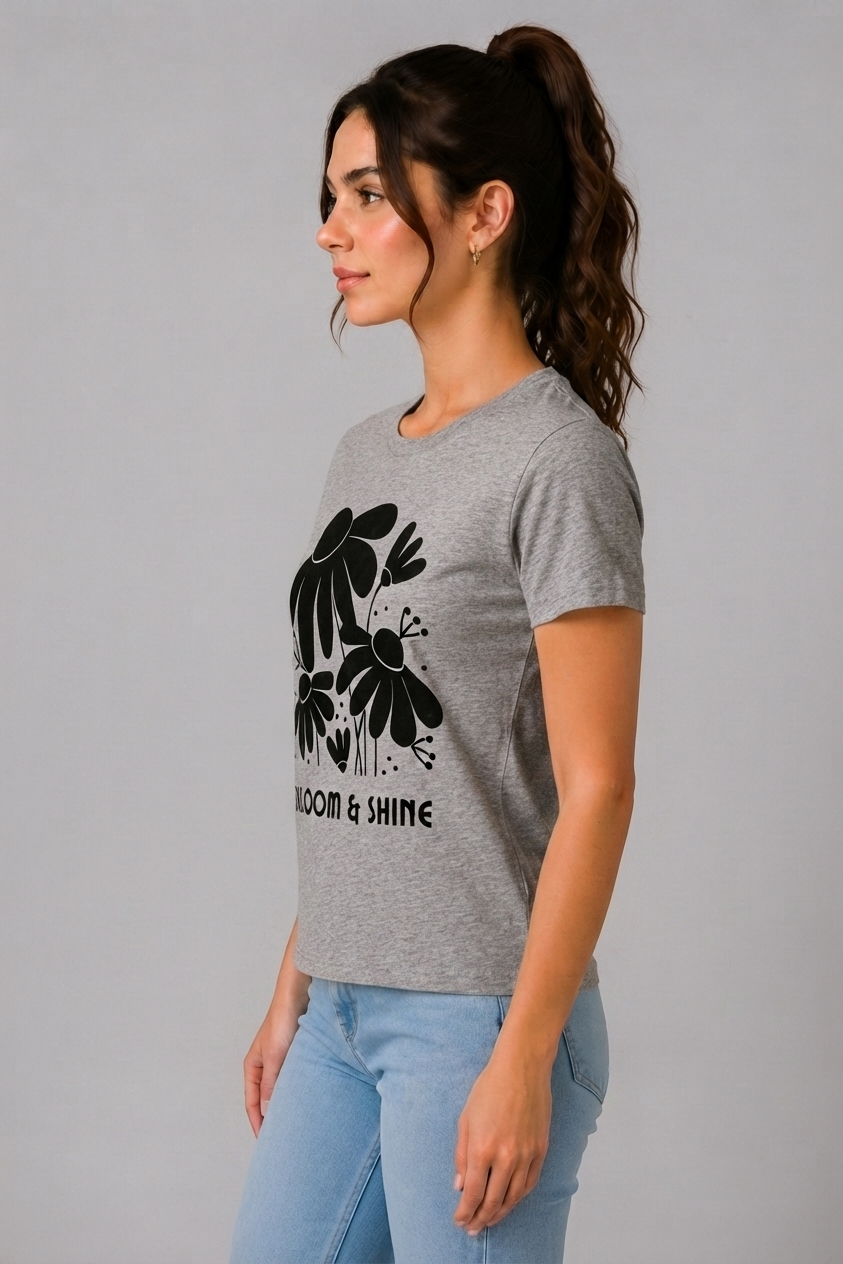 Attire Hub Womens Pure Cotton Grey Bloom and Shine Printed Round T-Shirt
