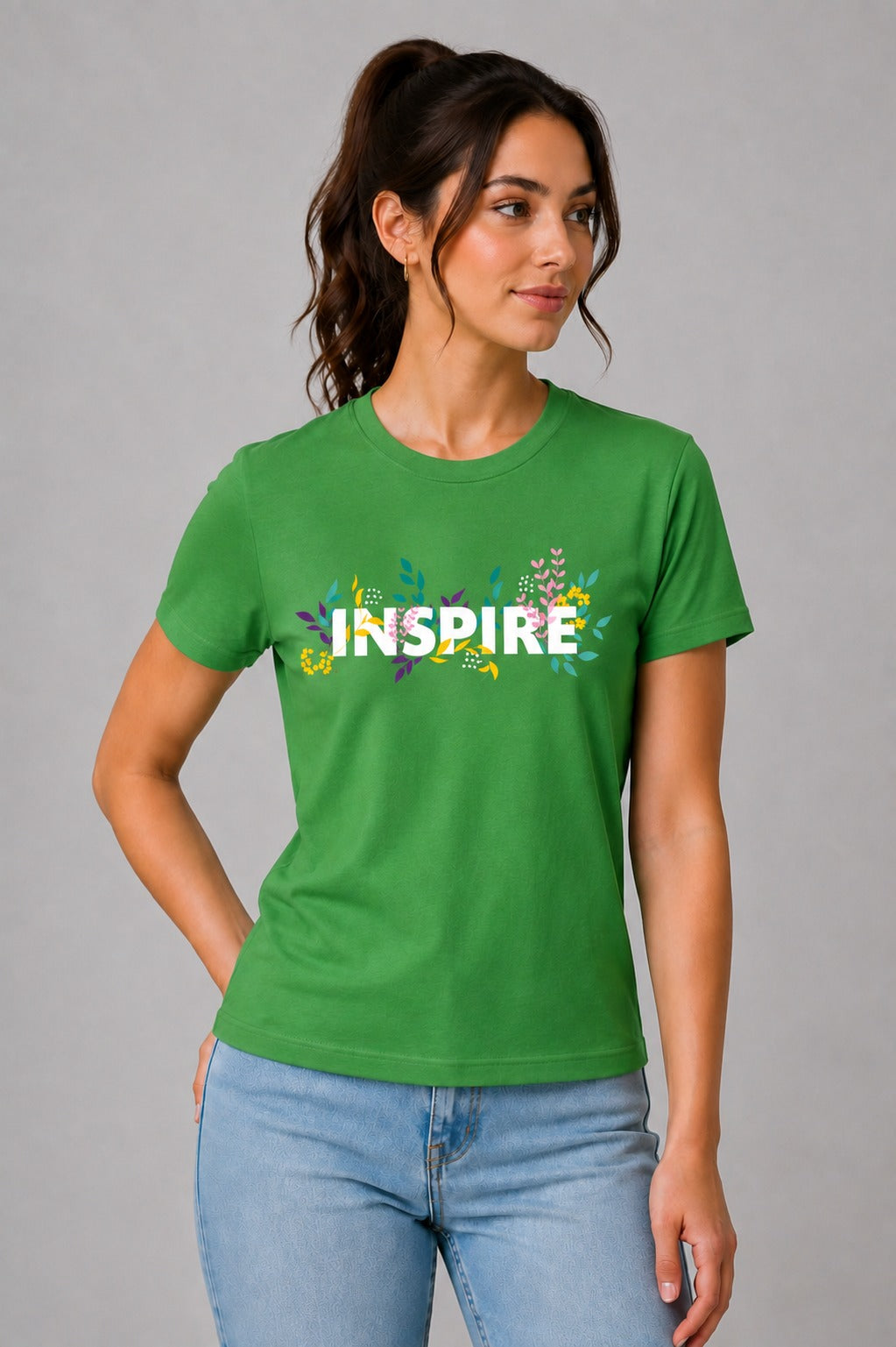 Attire Hub Womens Pure Cotton Grass Green Inspire Printed Round T-Shirt