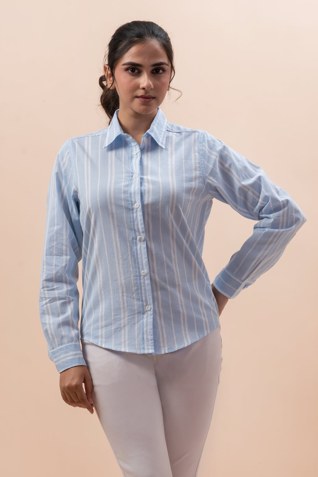 Attire Hub Womens Pure Cotton Light Blue Striped Shirt