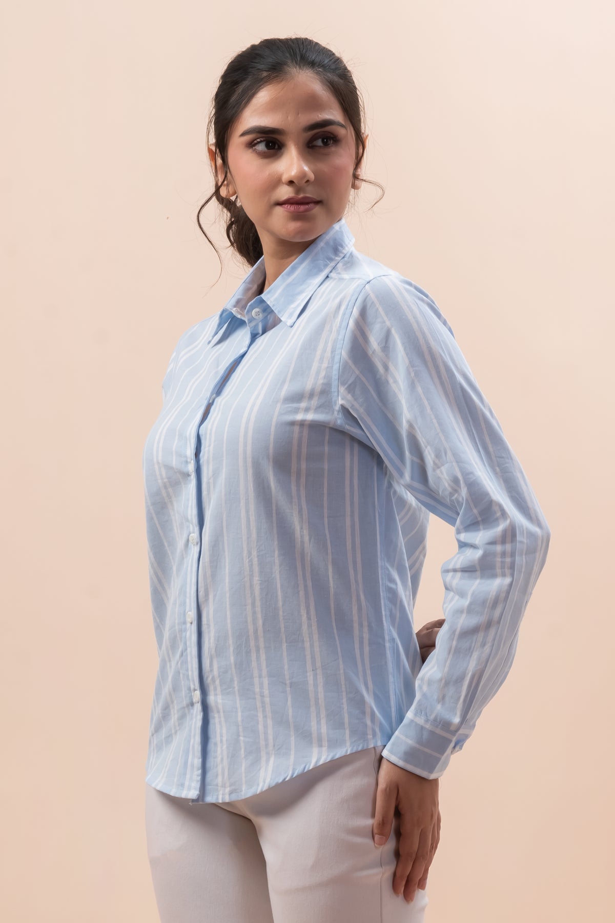 Attire Hub Womens Pure Cotton Light Blue Striped Shirt