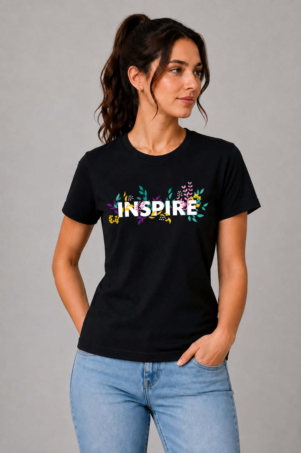 Attire Hub Womens Pure Cotton Black Inspire Printed Round T-Shirt