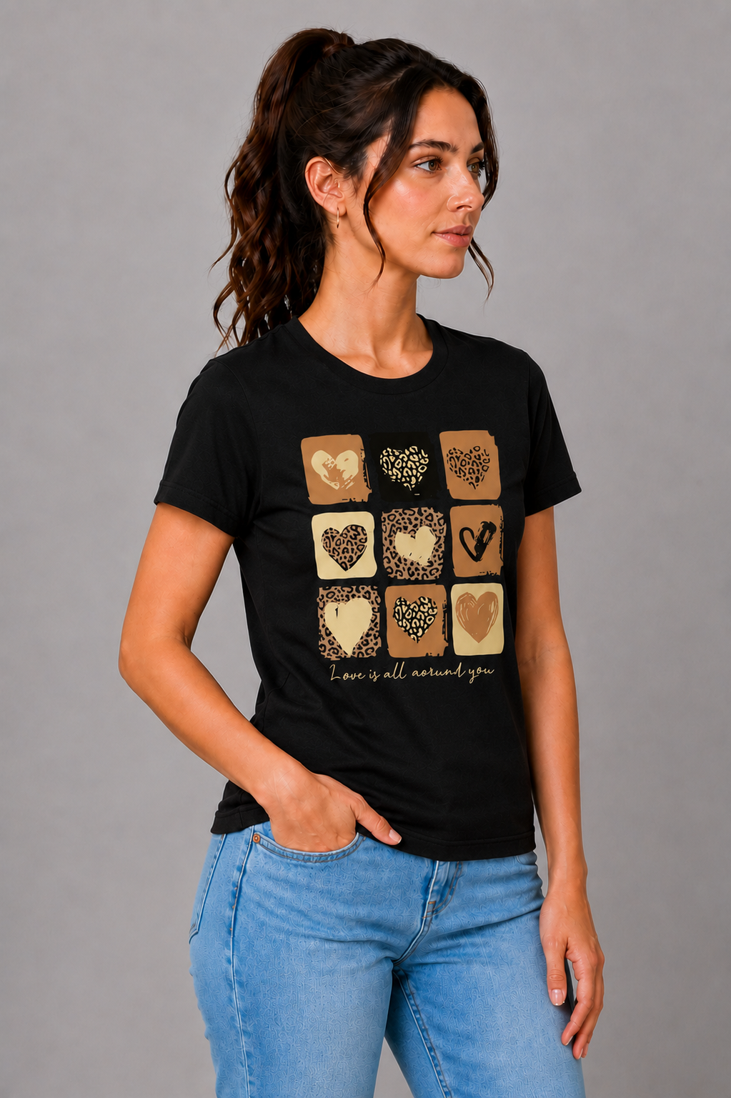 Attire Hub Womens Pure Cotton Black Heart Printed Round T-Shirt