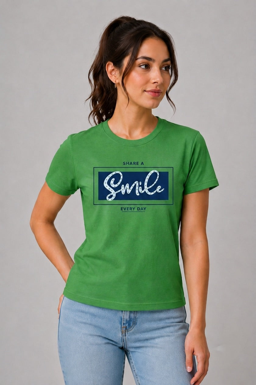 Attire Hub Womens Pure Cotton Grass Green Smile Printed Round T-Shirt
