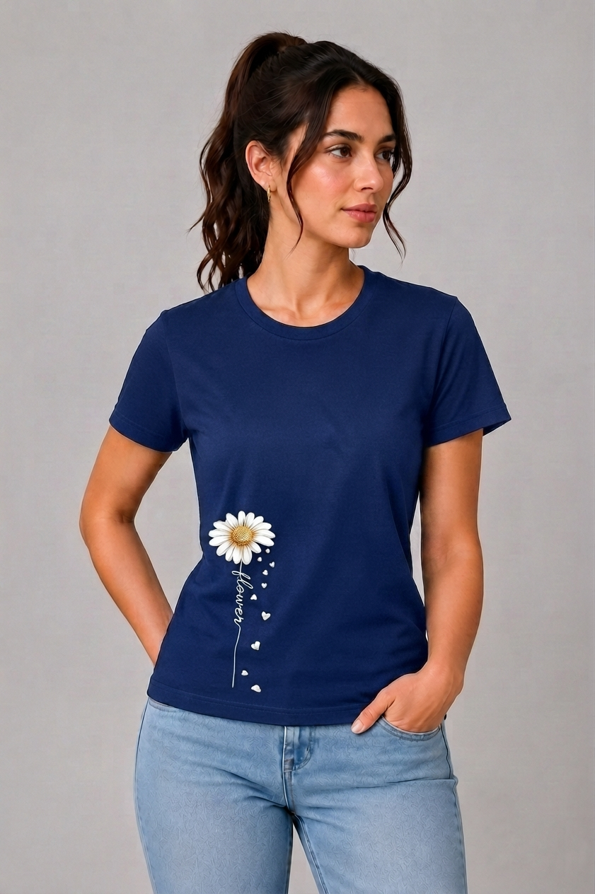Attire Hub Womens Pure Cotton Navy Blue Long Daisy Printed Round T-Shirt