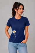 Attire Hub Womens Pure Cotton Navy Blue Long Daisy Printed Round T-Shirt