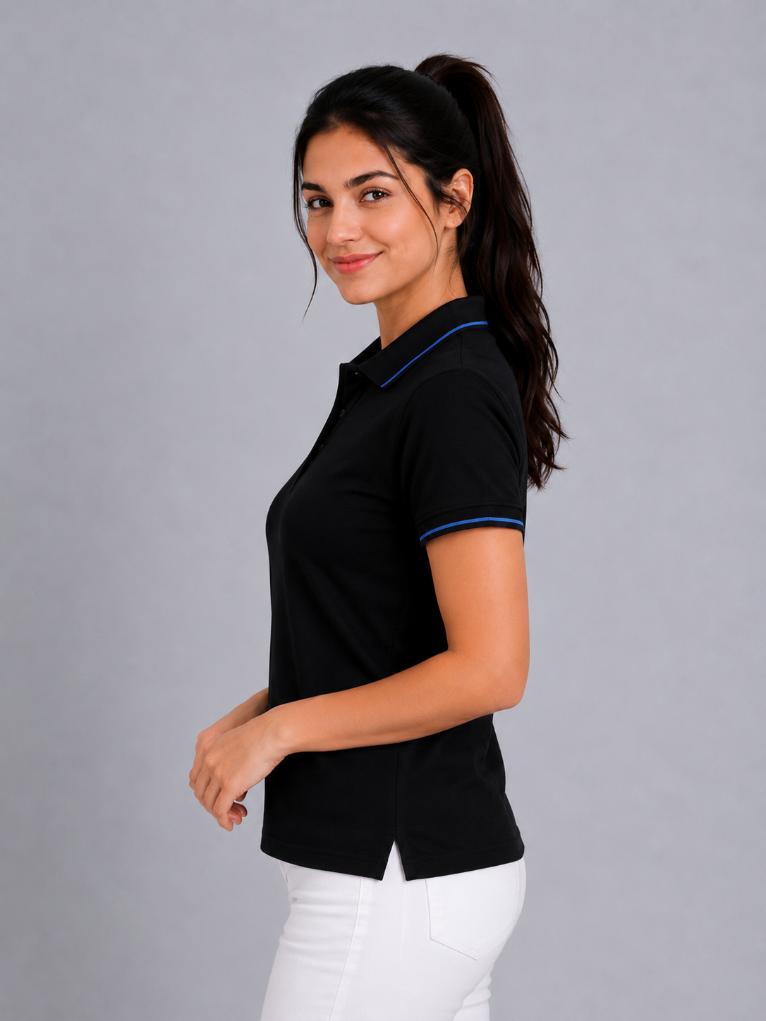 Attire Hub Womens Pure Cotton Black (Blue Tipping) Solid Polo T-Shirt