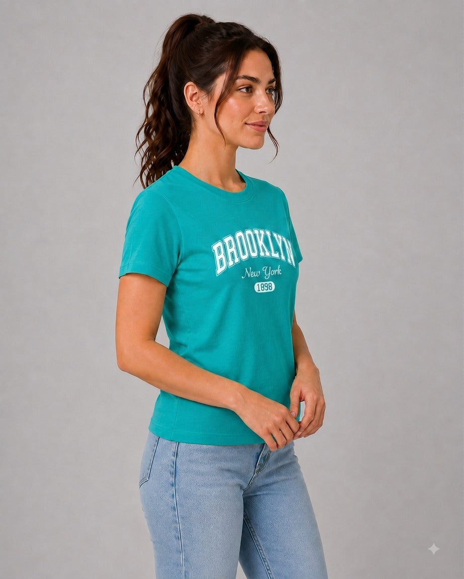 Attire Hub Womens Pure Cotton Teal Brroklyn Printed Round T-Shirt