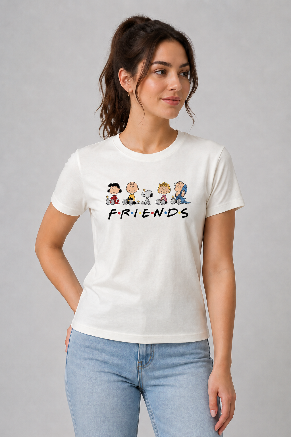 Attire Hub Womens Pure Cotton White Friends Printed Round T-Shirt