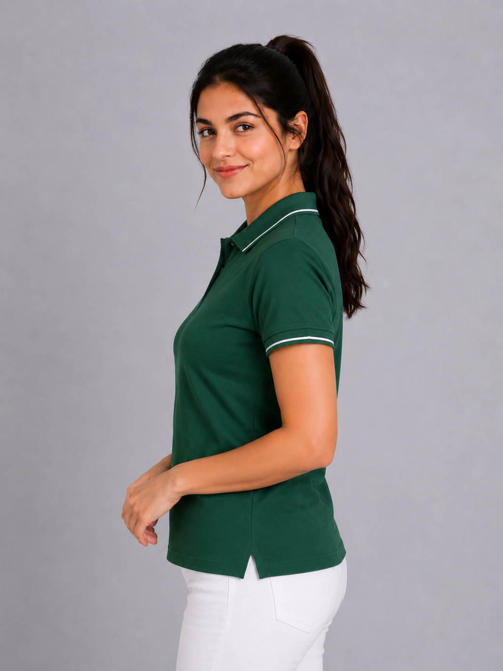 Attire Hub Womens Pure Cotton Green (White TIpping) Solid Polo T-Shirt
