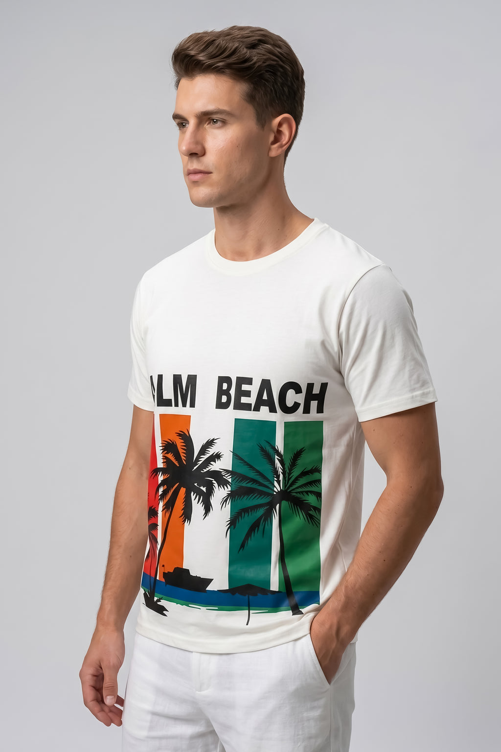 Attire Hub Mens Pure Cotton White Palm Beach Printed Round T-Shirt