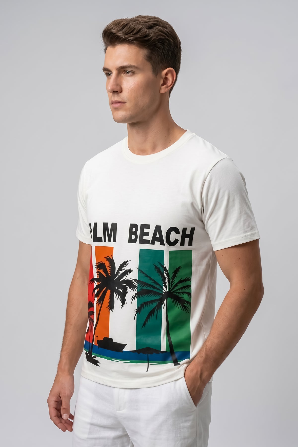 Attire Hub Mens Pure Cotton White Palm Beach Printed Round T-Shirt