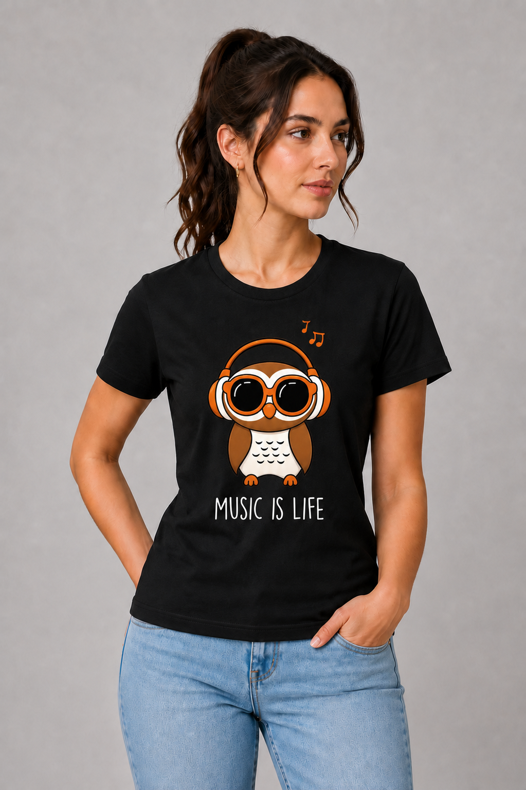 Attire Hub Womens Pure Cotton Black Owl Printed Round T-Shirt