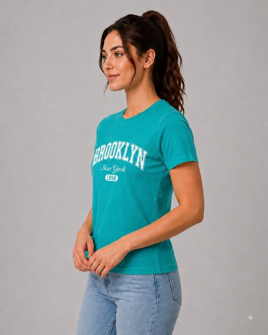 Attire Hub Womens Pure Cotton Teal Brroklyn Printed Round T-Shirt
