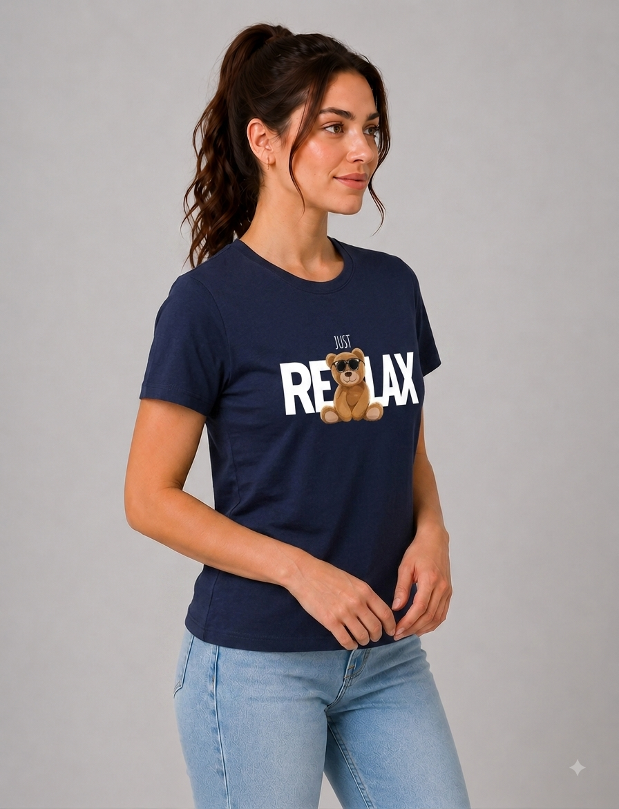 Attire Hub Womens Pure Cotton Navy Blue Relax Printed Round T-Shirt