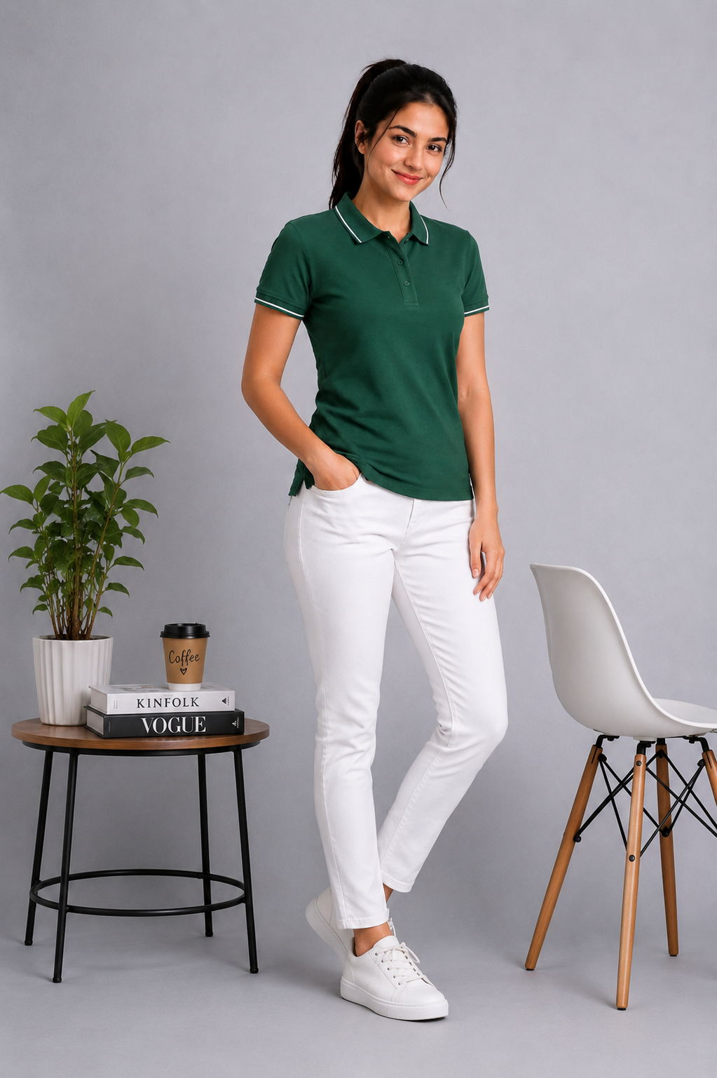 Attire Hub Womens Pure Cotton Green (White TIpping) Solid Polo T-Shirt