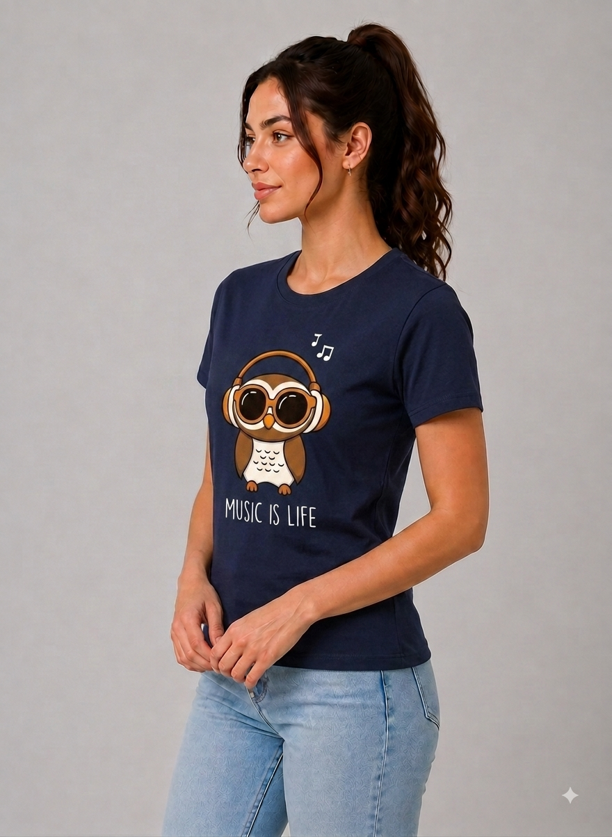 Attire Hub Womens Pure Cotton Navy Blue Owl Printed Round T-Shirt