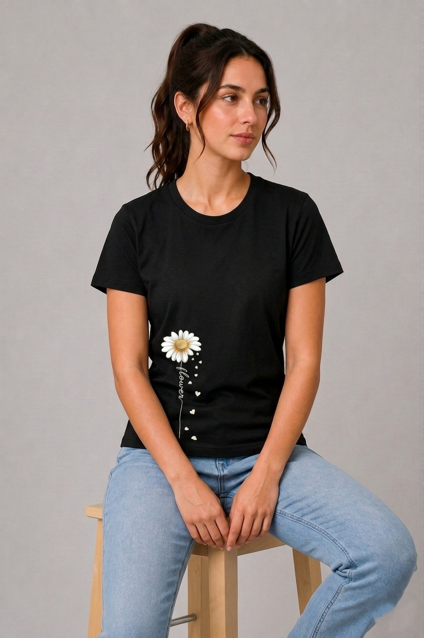 Attire Hub Womens Pure Cotton Black Long Daisy Printed Round T-Shirt