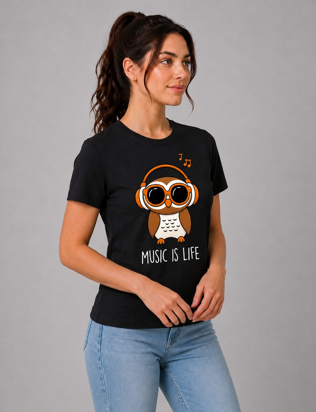 Attire Hub Womens Pure Cotton Black Owl Printed Round T-Shirt