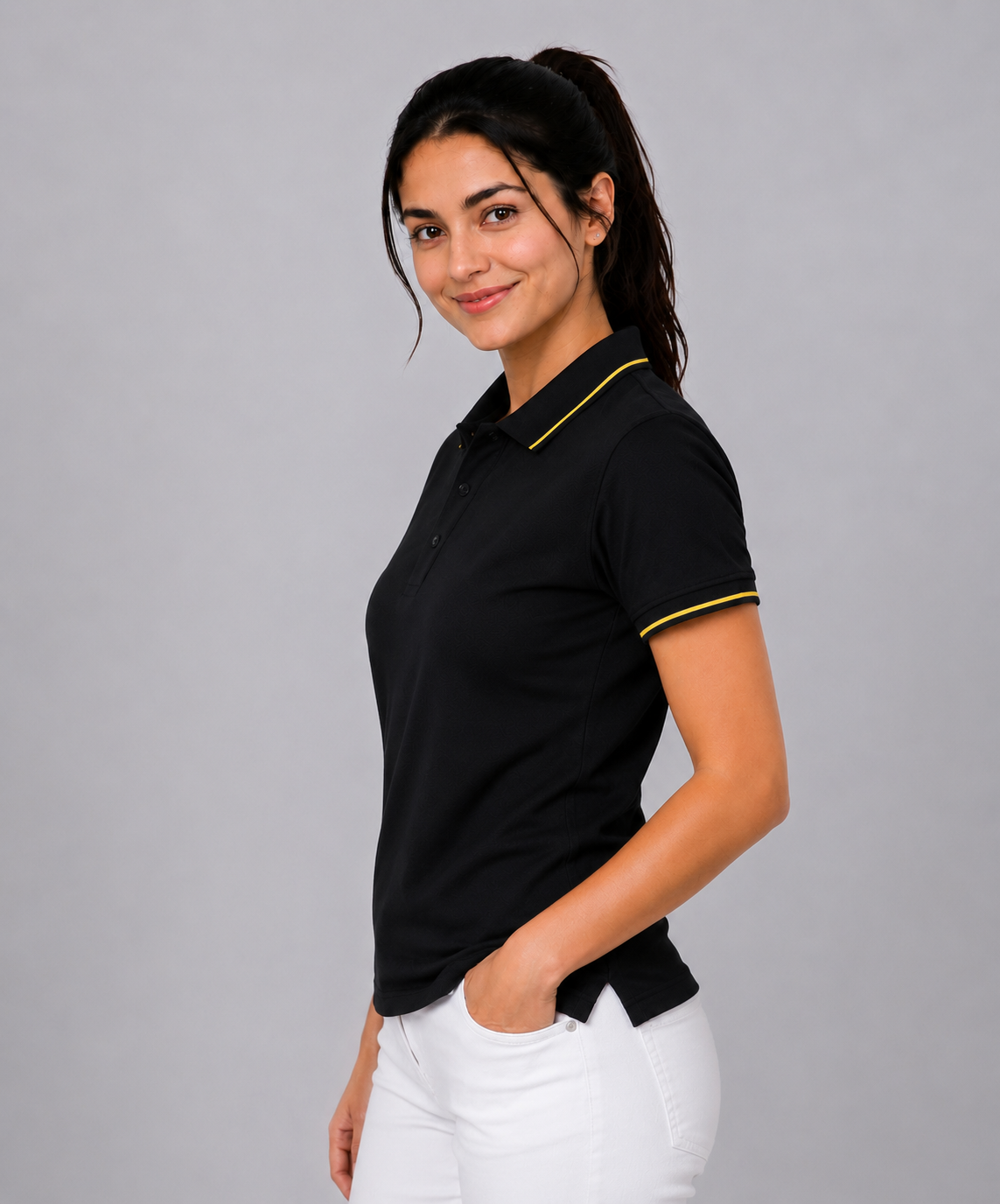 Attire Hub Womens Pure Cotton Black (Yellow Tipping) Solid Polo T-Shirt