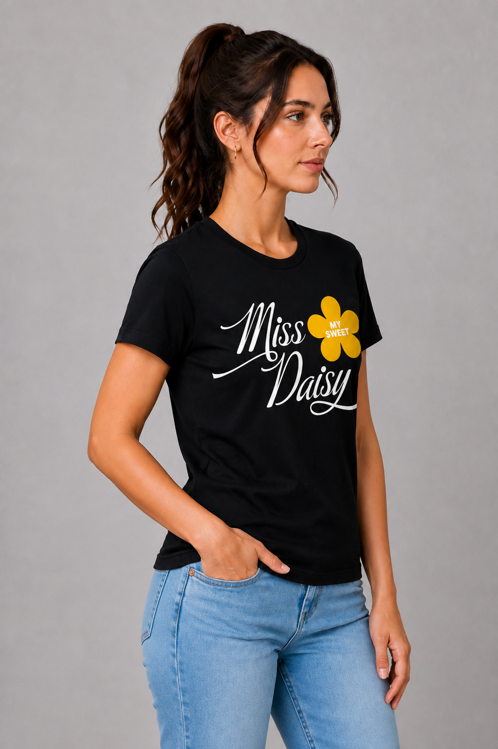 Attire Hub Womens Pure Cotton Black Miss Daisy Printed Round T-Shirt