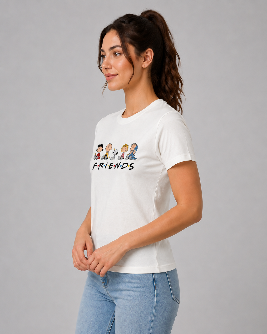 Attire Hub Womens Pure Cotton White Friends Printed Round T-Shirt