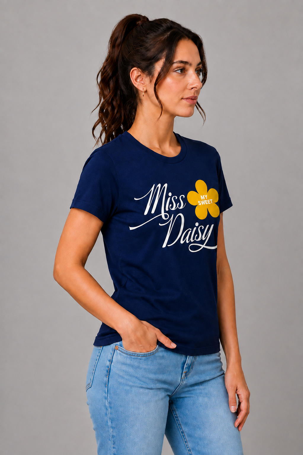 Attire Hub Womens Pure Cotton Navy Blue Miss Daisy Printed Round T-Shirt