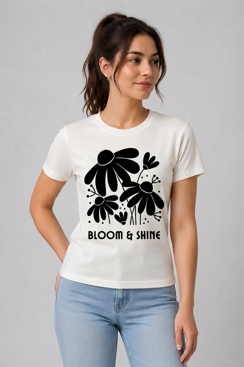 Attire Hub Womens Pure Cotton White Bloom and Shine Printed Round T-Shirt