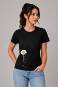 Attire Hub Womens Pure Cotton Black Long Daisy Printed Round T-Shirt