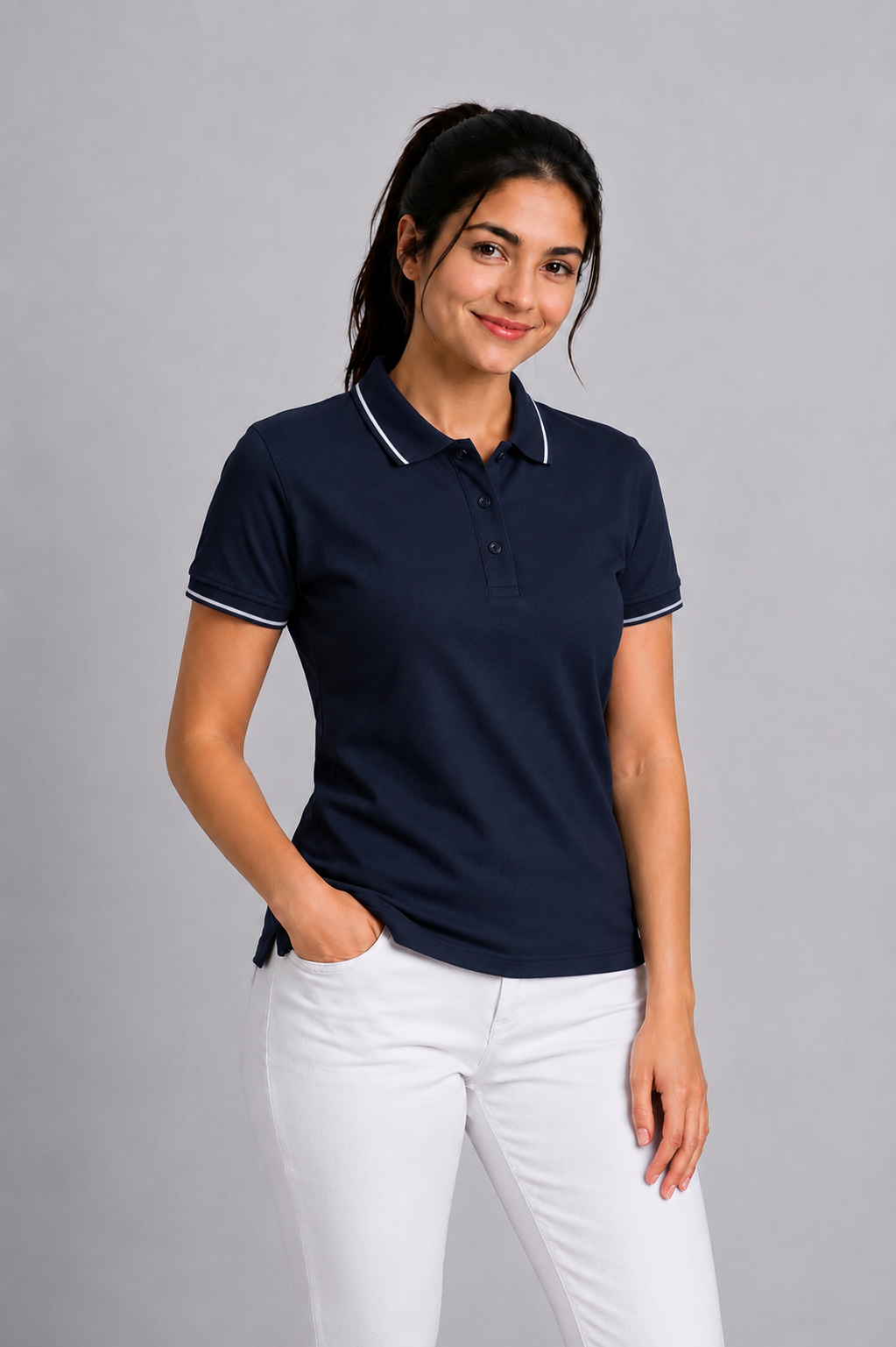 Attire Hub Womens Pure Cotton Navy (White Tipping) Solid Polo T-Shirt