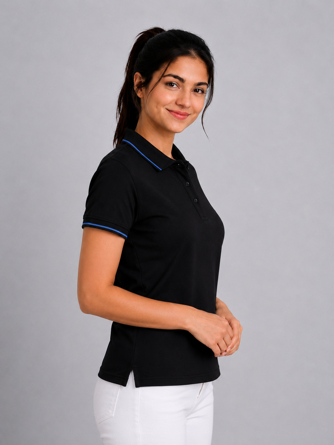 Attire Hub Womens Pure Cotton Black (Blue Tipping) Solid Polo T-Shirt
