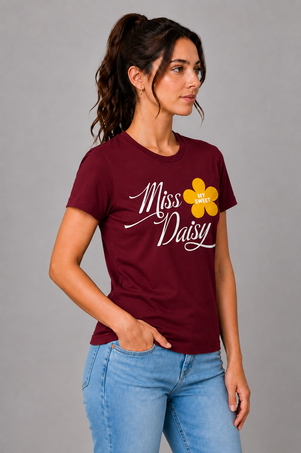 Attire Hub Womens Pure Cotton Maroon Miss Daisy Printed Round T-Shirt