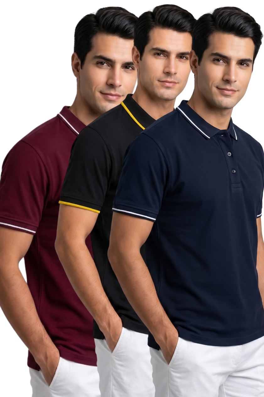 Attire Hub Mens Pure Cotton Multi Pack Polo Polo T-Shirt (Pack of 3)