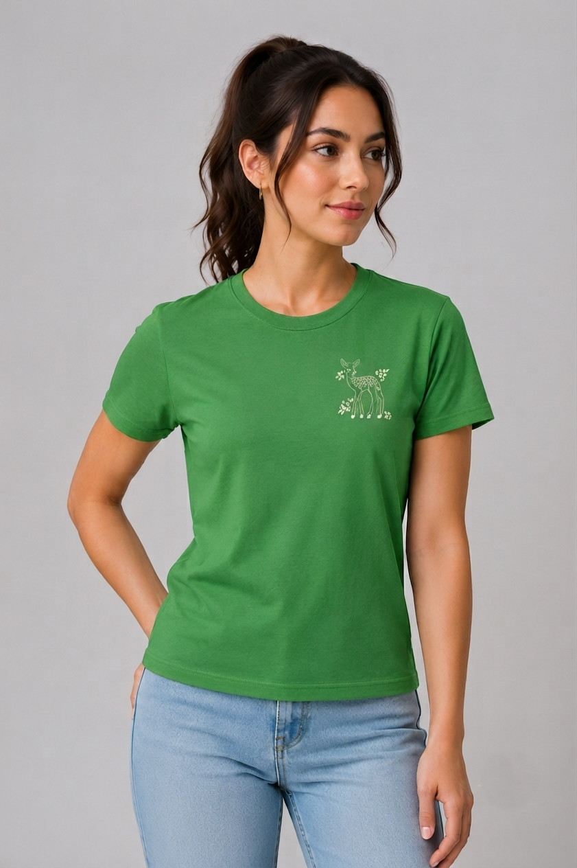 Attire Hub Womens Pure Cotton Grass Green Deer Printed Round T-Shirt