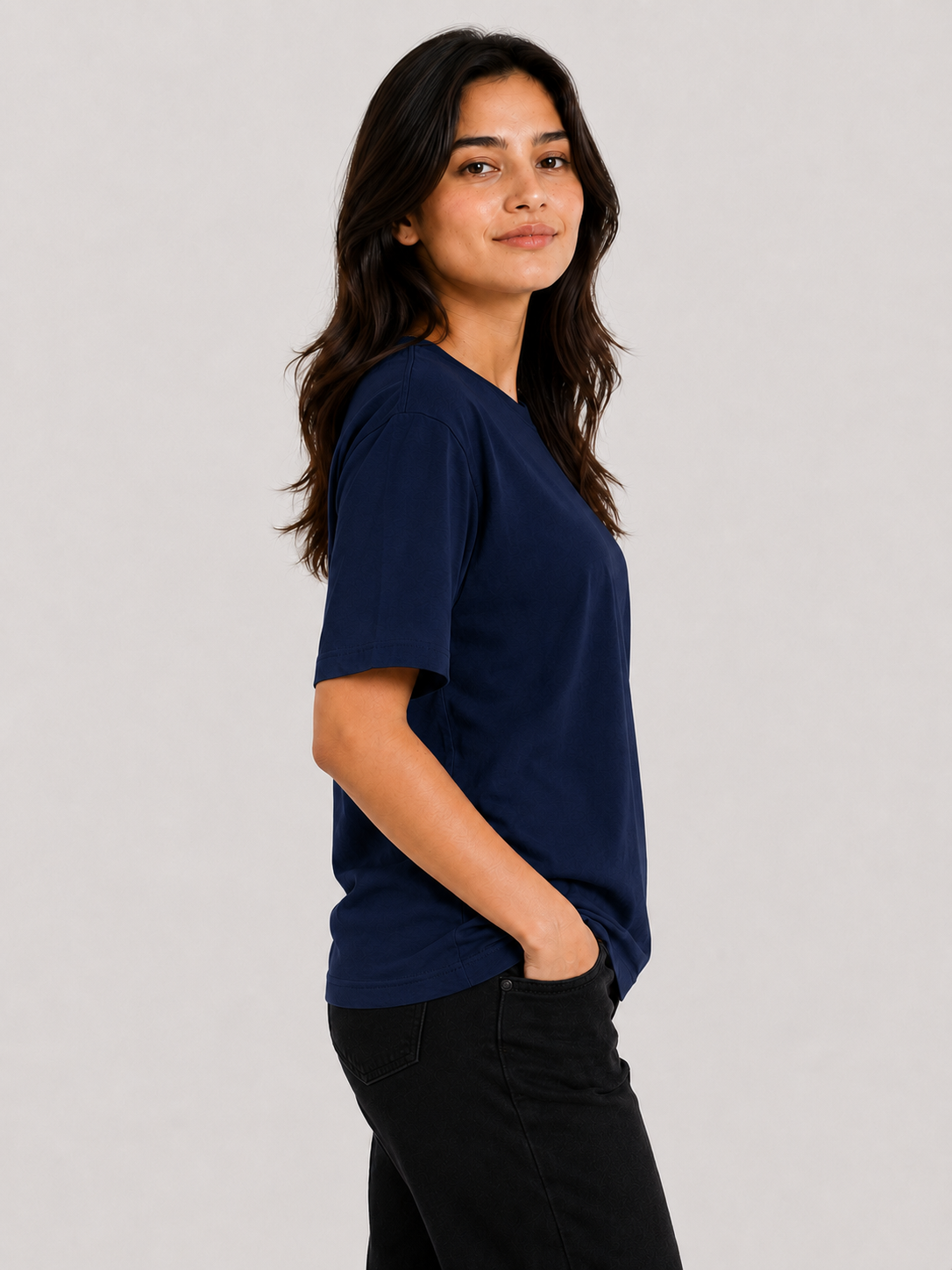 Attire Hub Womens Pure Cotton Mid Night Blue Solid Round Oversized T-Shirt