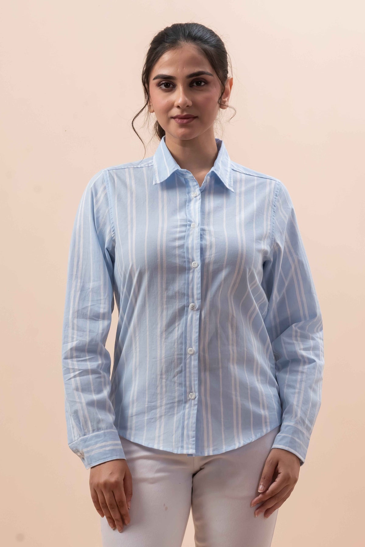 Attire Hub Womens Pure Cotton Light Blue Striped Shirt